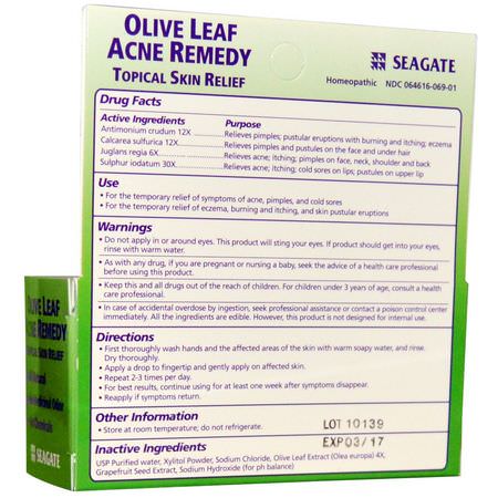 Seagate, Olive Leaf Acne Remedy, 1 fl oz (30 ml):أنفلونزا, سعال