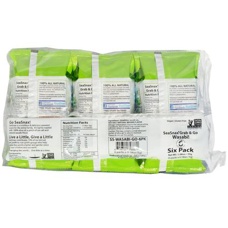 SeaSnax, Grab & Go, Premium Roasted Seaweed Snack, Wasabi, 6 Pack, 0.18 oz (5 g) Each:ال,جبات الخفيفة للأعشاب البحرية