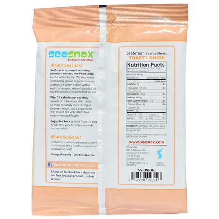 SeaSnax, Organic Premium Roasted Seaweed Snack, Toasty Onion, 0.54 oz (15 g):ال,جبات الخفيفة للأعشاب البحرية