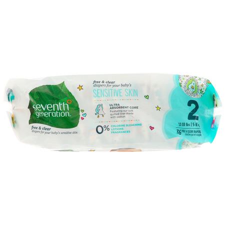 Seventh Generation, Baby, Free & Clear Diapers, Size 2, 12-18 Pounds (5-8 kg), 36 Diapers:حفاضات يمكن التخلص منها