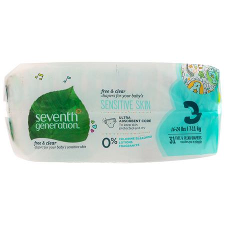 Seventh Generation, Baby, Free & Clear Diapers, Size 3, 16-24 lbs (7-11 kg), 31 Diapers:حفاضات يمكن التخلص منها