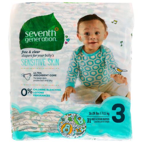 Seventh Generation, Baby, Free & Clear Diapers, Size 3, 16-24 lbs (7-11 kg), 31 Diapers فوائد