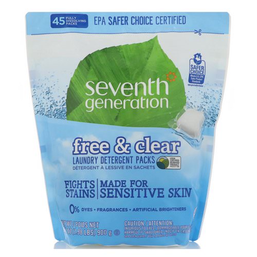 Seventh Generation, Laundry Detergent Packs, Free & Clear, 45 Packs, 31.7 oz (900 g) فوائد