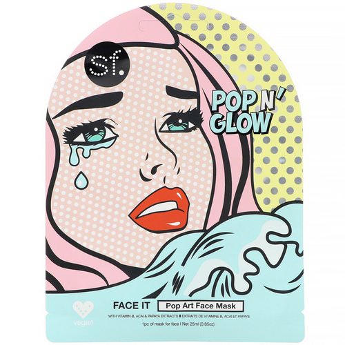 SFGlow, POP n' Glow, Face It, Pop Art Face Mask, 1 Sheet, 0.85 oz (25 ml) فوائد