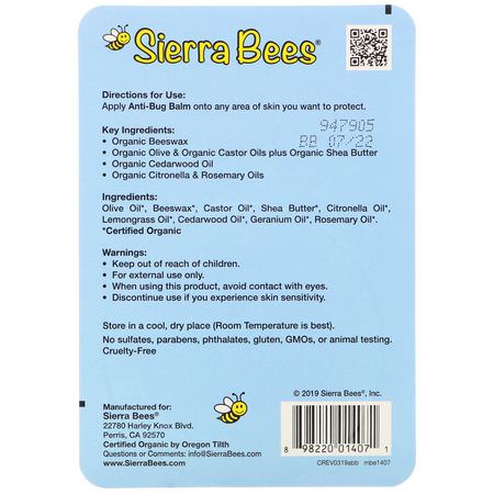Sierra Bees, Anti-Bug Balm, Cedarwood, Geranium & Rosemary Oil, 0.6 oz (17 g):طارد الحشرات, علة
