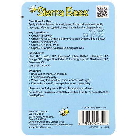 Sierra Bees, Cuticle Care Balm, Geranium, Orange & Lemongrass, 0.6 oz (17 g):العناية بالبشرة, العناية بالأظافر