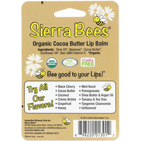 Sierra Bees, Organic Lip Balms, Cocoa Butter, 4 Pack, .15 oz (4.25 g) Each:مرهم الشفة, العناية بالشفاه