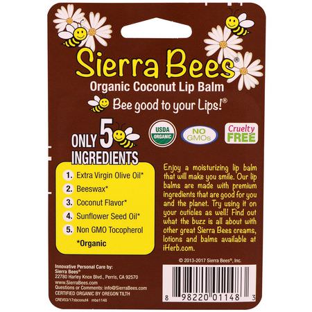 Sierra Bees, Organic Lip Balms, Coconut, 4 Pack, .15 oz (4.25 g) Each:مرطب الشفاه, العناية بالشفاه