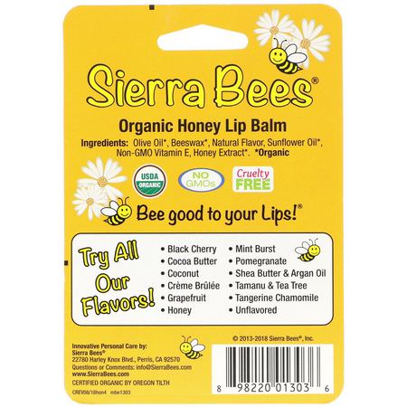 Sierra Bees, Organic Lip Balms, Honey, 4 Pack, .15 oz (4.25 g) Each:مرطب الشفاه, العناية بالشفاه
