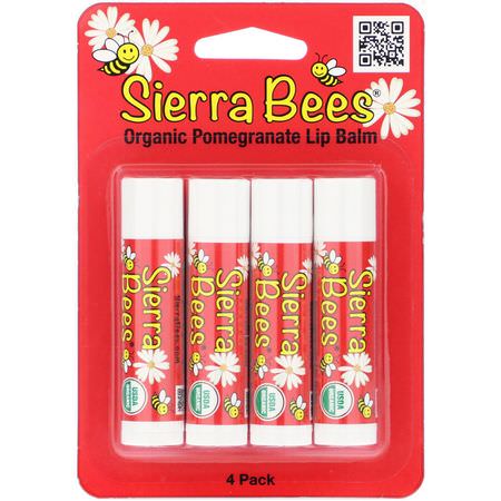 Sierra Bees, Organic Lip Balms, Pomegranate, 4 Pack, .15 oz (4.25 g) Each:مرهم الشفة, العناية بالشفاه