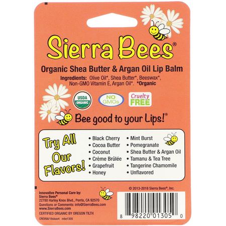 Sierra Bees, Organic Lip Balms, Shea Butter & Argan Oil, 4 Pack, .15 oz (4.25 g) Each:مرهم الشفة, العناية بالشفاه