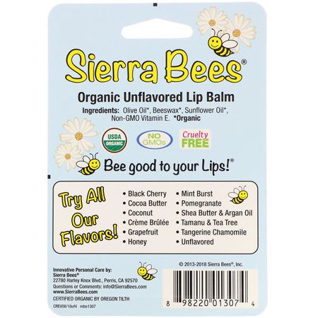 Sierra Bees, Organic Lip Balms, Unflavored, 4 Pack, .15 oz (4.25 g) Each:مرطب الشفاه, العناية بالشفاه