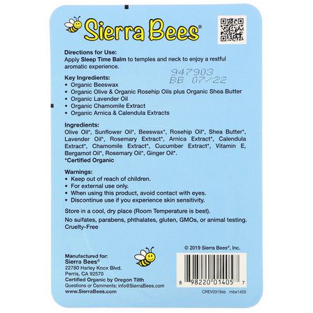 Sierra Bees, Sleep Time Balm, Lavender & Chamomile, 0.6 oz (17 g):الن,م, المكملات الغذائية