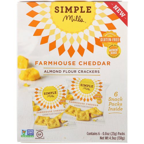 Simple Mills, Naturally Gluten-Free, Almond Flour Crackers, Farmhouse Cheddar, 6 Packs, 0.8 oz (23 g) Each فوائد