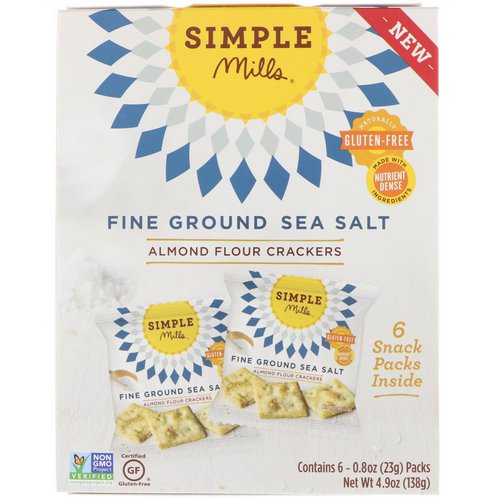 Simple Mills, Naturally Gluten-Free, Almond Flour Crackers, Fine Ground Sea Salt, 6 Packs, 0.8 oz (23 g) Each فوائد