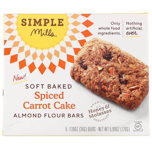 Simple Mills, Soft-Baked Almond Flour Bars, Spiced Carrot Cake, 5 Bars, 1.19 oz (34 g) Each فوائد