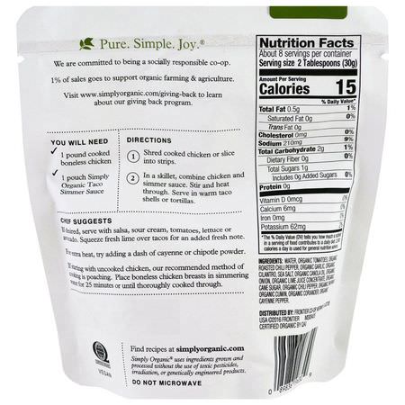 Simply Organic, Organic Simmer Sauce, Mild Taco, For Chicken, 8 oz (227 g):ماء مالح, صلصات
