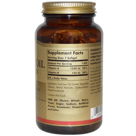 Solgar, Cod Liver Oil, Vitamins A & D, 250 Softgels:D, فيتامين A