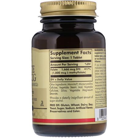 Solgar, Folate as Metafolin, 1,000 mcg, 120 Tablets:فيتامين ب, الفيتامينات