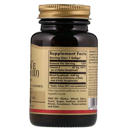 Solgar, Naturally Sourced Vitamin E, 67 mg (100 IU), 100 Softgels:فيتامين E, الفيتامينات