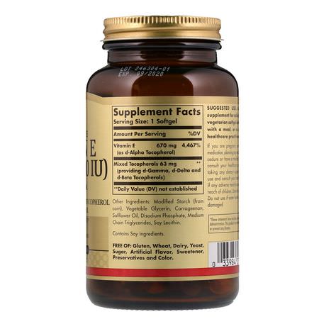 Solgar, Naturally Sourced Vitamin E, 670 mcg (1,000 IU), 100 Vegetarian Softgels:فيتامين هـ, الفيتامينات