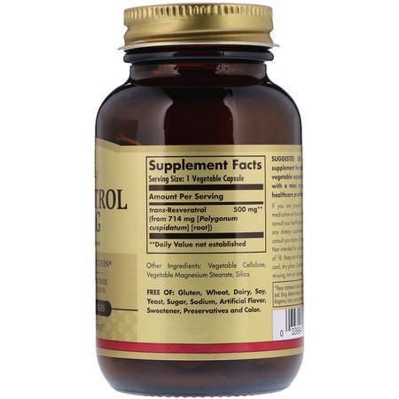 Solgar, Resveratrol, 500 mg, 30 Vegetable Capsules:ريسفيراتر,ل, مضادات الأكسدة