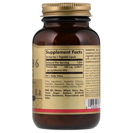 Solgar, Vitamin B6, 100 mg, 250 Vegetable Capsules:B6 Pyridoxine,فيتامين B