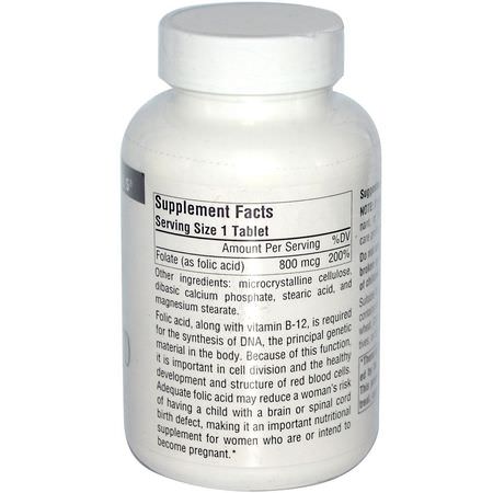 Source Naturals, Folic Acid, 800 mcg, 500 Tablets:حمض الف,ليك ,فيتامين ب