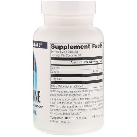 Source Naturals, L-Arginine, Free Form, 500 mg, 100 Capsules:L-Arginine,الأحماض الأمينية