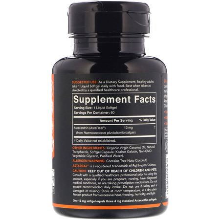 Sports Research, Astaxanthin Made With Coconut Oil, Triple Strength, 12 mg, 60 Softgels:أستازانتين, مضادات الأكسدة