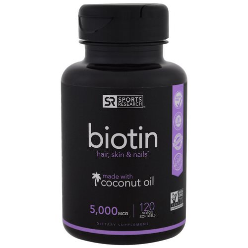 Sports Research, Biotin with Coconut Oil, 5,000 mcg, 120 Veggie Softgels فوائد