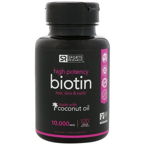 Sports Research, Biotin with Coconut Oil, 10,000 mcg, 120 Veggie Softgels فوائد