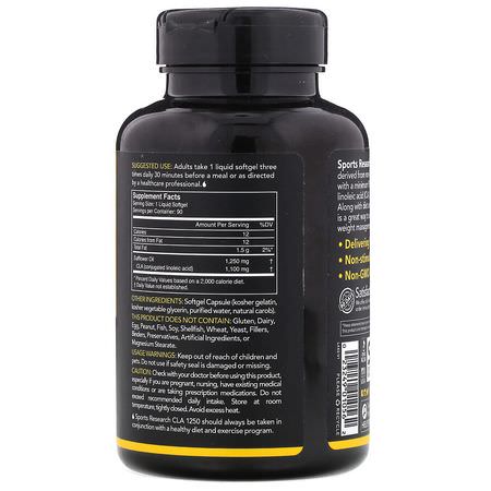 Sports Research, CLA 1250, Max Potency, 1,250 mg, 90 Softgels:حمض اللين,ليك المترافق CLA, ال,زن