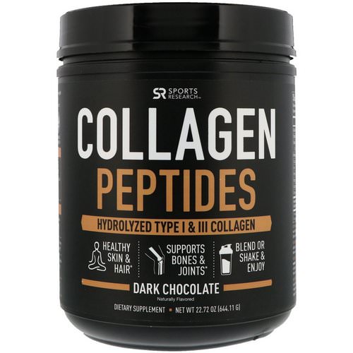 Sports Research, Collagen Peptides, Hydrolyzed Type I & III Collagen, Dark Chocolate, 1.42 lbs (644.11 g) فوائد