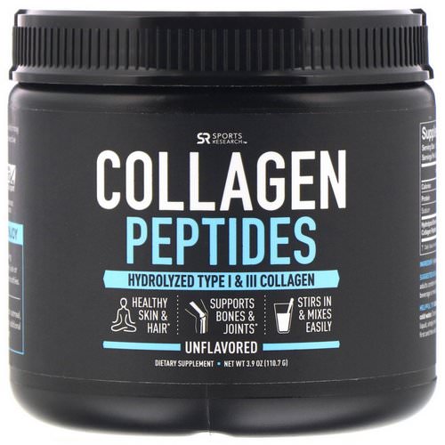 Sports Research, Collagen Peptides, Hydrolyzed Type I & III Collagen, Unflavored, 3.9 oz (110.7 g) فوائد