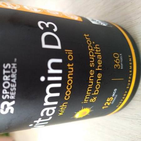 Sports Research, Vitamin D3 with Coconut Oil, 125 mcg (5000 IU), 30 Softgels