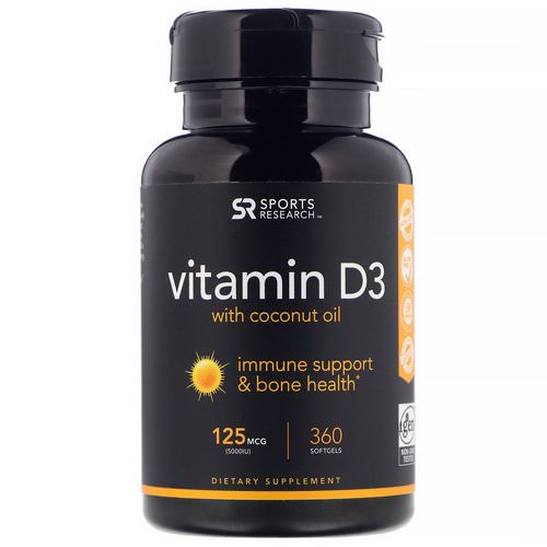 Sports Research, Vitamin D3 with Coconut Oil, 125 mcg (5000 IU), 360 Softgels فوائد