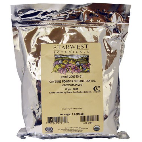 Starwest Botanicals, Organic Cayenne Powder 35K H.U, 1 lb (453.6 g) فوائد