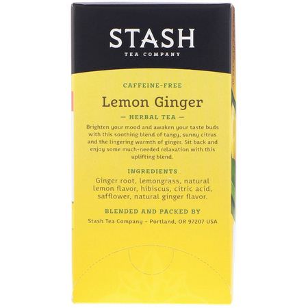Stash Tea, Herbal Tea, Lemon Ginger, Caffeine Free, 20 Tea Bags, 1.1 oz (34 g):شاي الزنجبيل, شاي الأعشاب