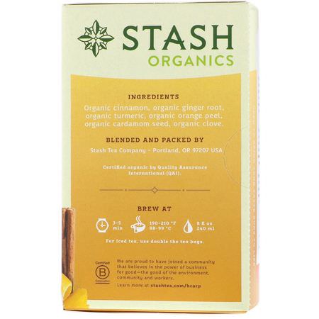 Stash Tea, Herbal Tea, Organic Gold Cup Chai, Caffeine Free, 18 Tea Bags, 1.2 oz (36 g):شاي الأعشاب, شاي تشاي