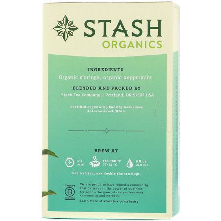 Stash Tea, Herbal Tea, Organic Moringa Mint, Caffeine-Free, 18 Tea Bags, 0.8 oz (23 g):شاي الأعشاب