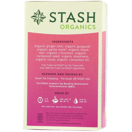 Stash Tea, Herbal Tea, Organic Rainforest Chai, Caffeine-Free, 18 Tea Bags, 1.0 oz (30 g):شاي الأعشاب, شاي تشاي
