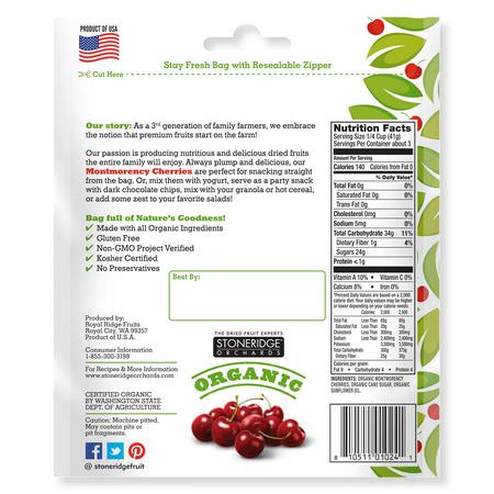 Stoneridge Orchards, Organic Montmorency Cherries, 4 oz (113 g):,جبات الخضر,ات الخفيفة, الكرز