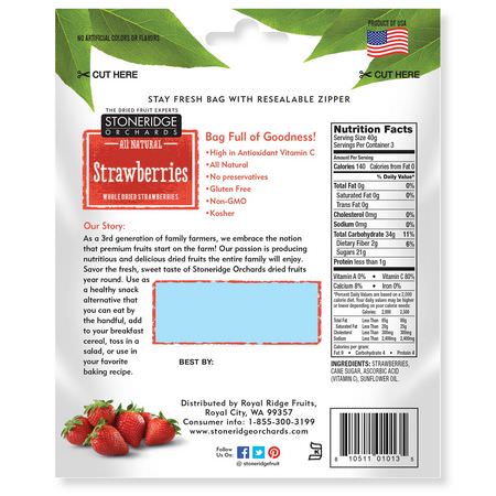 Stoneridge Orchards, Strawberries, Whole Dried Strawberries, 4 oz (113 g):,جبات الخضر,ات الخفيفة ,الفرا,لة