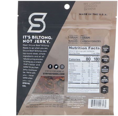 Stryve Foods, Protein Snacks, Beef Biltong, Smoked, 2.25 oz (64 g):Meat وجبات خفيفة, Jerky