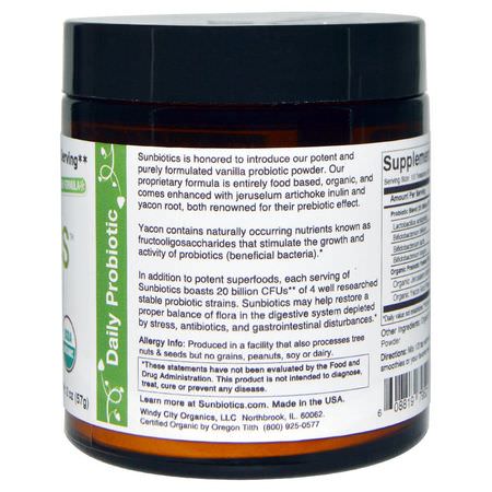 Sunbiotics, Potent Probiotics with Organic Prebiotics Powder, Vanilla, 2 oz (57 g):البر,بي,تيك, الهضم