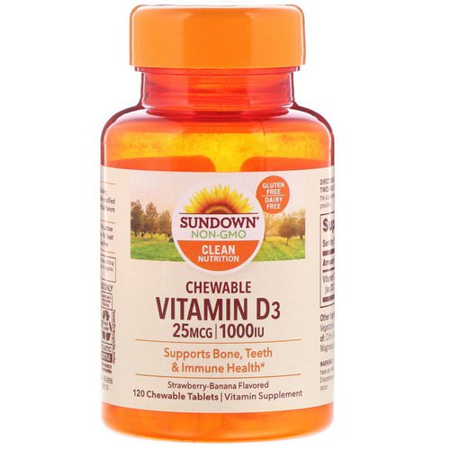 Sundown Naturals, Chewable Vitamin D3, Strawberry-Banana Flavored, 25 mg (1,000 IU), 120 ChewableTablets فوائد