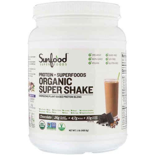 Sunfood, Protein + Superfoods, Organic Super Shake, Chocolate, 1.1 lb (498.9 g) فوائد