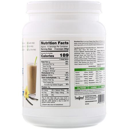 Sunfood, Protein + Superfoods, Organic Super Shake, Vanilla, 1.1 lb (498.9 g):البر,تين النباتي, المصنع