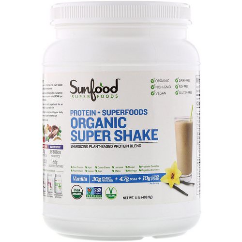 Sunfood, Protein + Superfoods, Organic Super Shake, Vanilla, 1.1 lb (498.9 g) فوائد